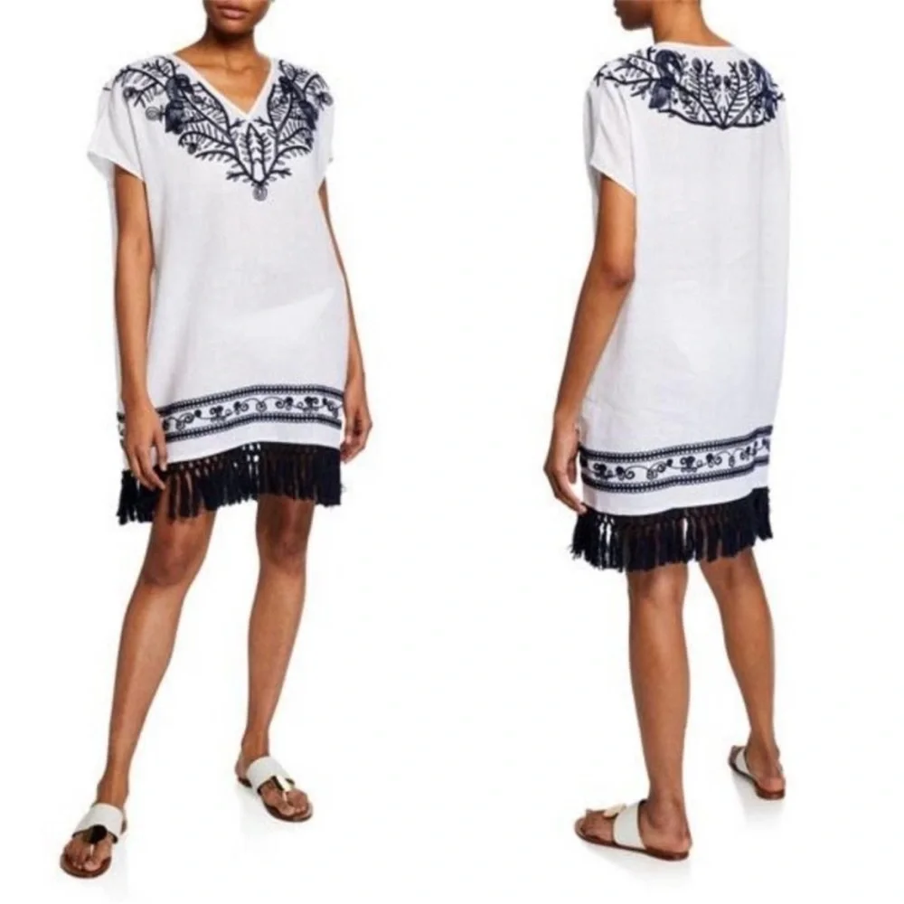 Tory Burch Embroidered Beach Caftan Cover-Up Mini Dress Navy Blue White Linen S